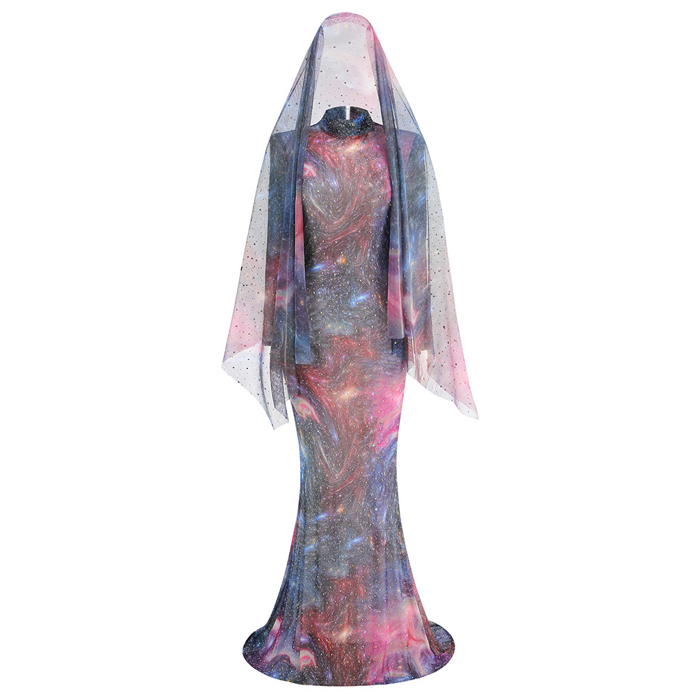 Cosmic Print Long-Sleeve Gown with Tulle Veil