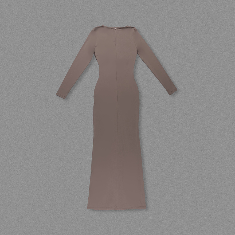 Long-Sleeve Ruched Bow Gown