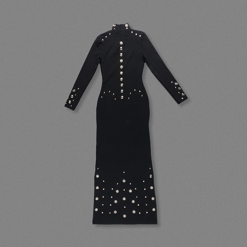 Turtleneck Embellished Slim-Fit Maxi Gown (Black/White)