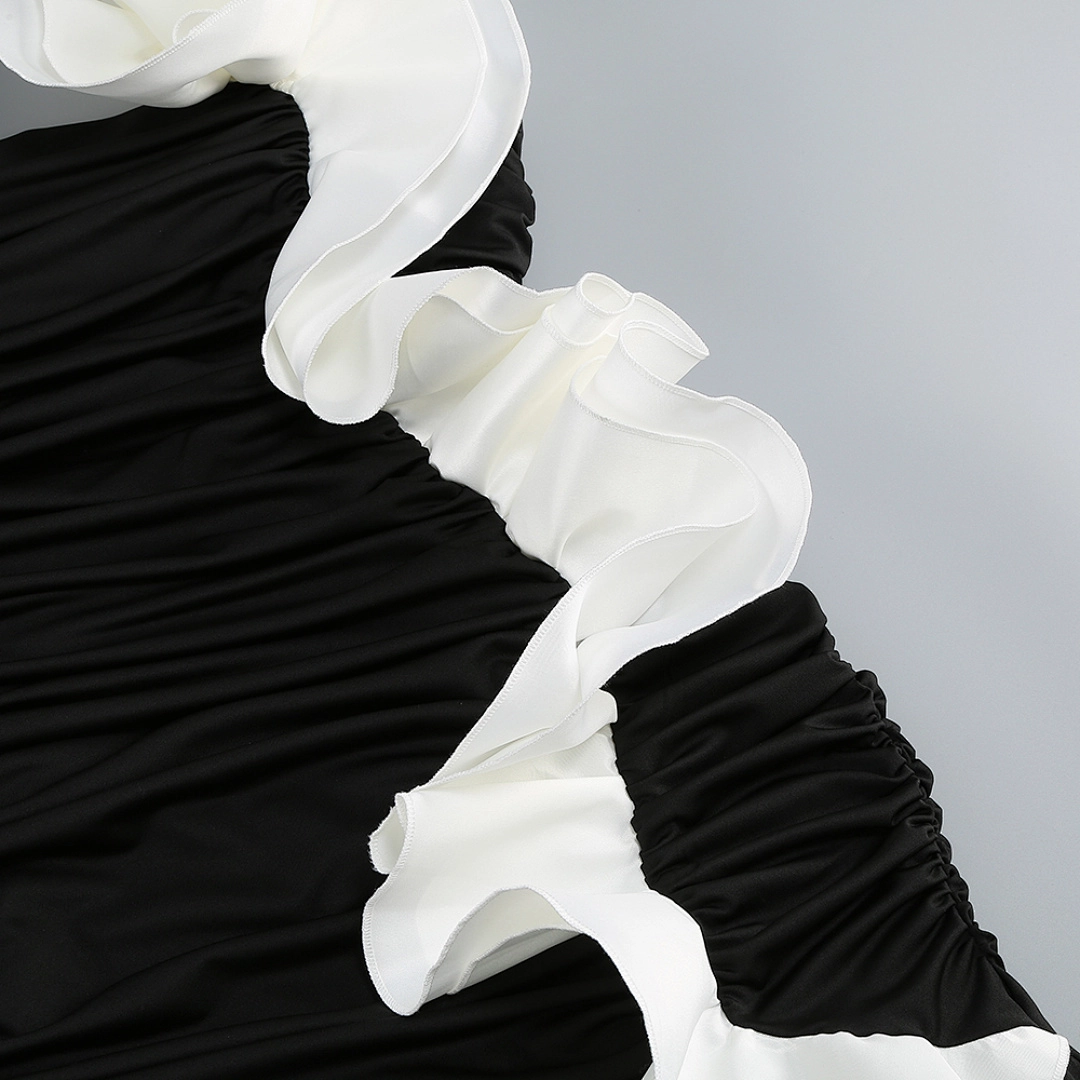 Black Satin A-Line Evening Gown with Sequin V-Neck & Chapel Train