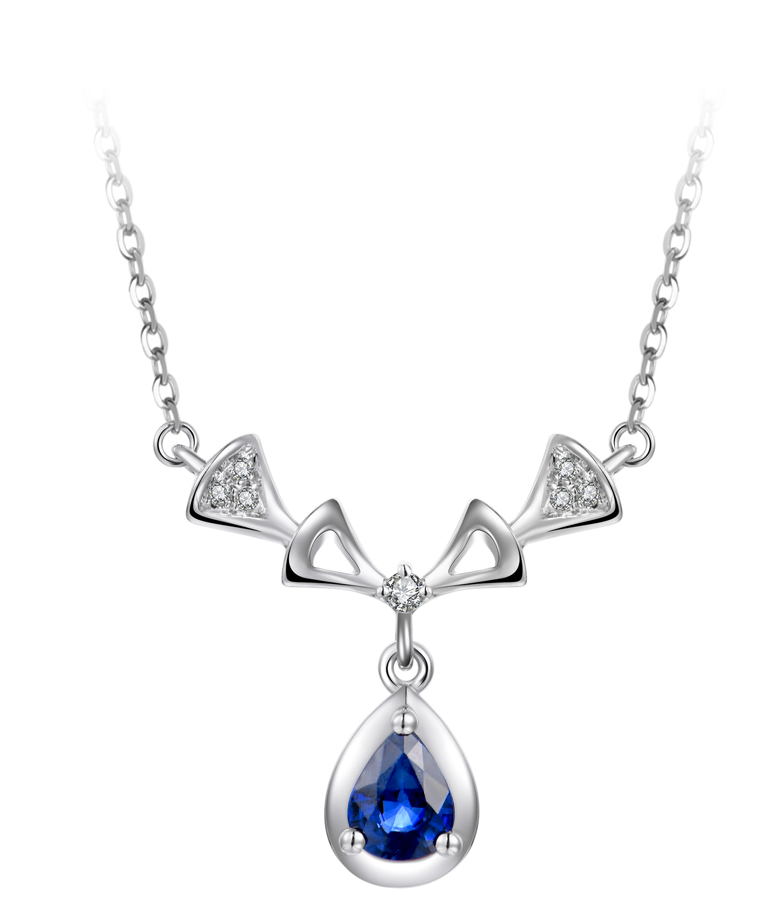 18K White Gold Sapphire Diamond Pendant Necklace 