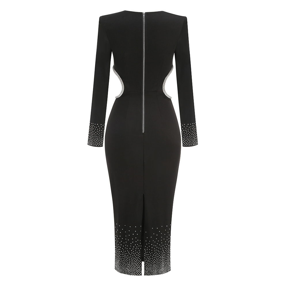 Black Long-Sleeve Rhinestone Midi Dress
