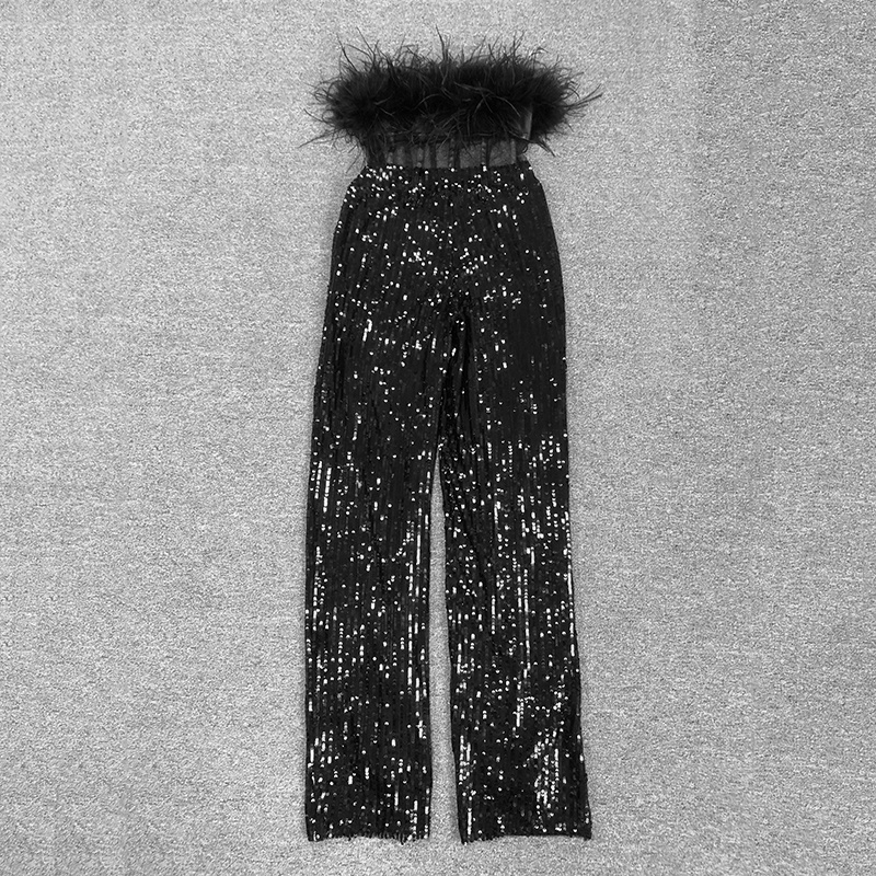 Black Feather-Trimmed Corset Top & Sequin Wide-Leg Pants Set with Crystal Belt