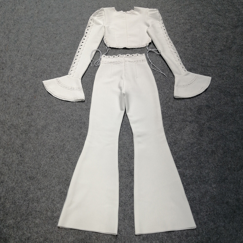 Lace-Trimmed Bell-Sleeve Crop Top + High-Waisted Flared Pants Set (Black & White)