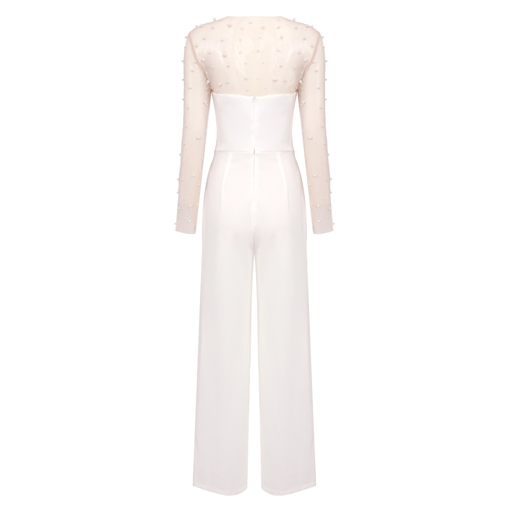 White Strapless Wide-Leg Jumpsuit with Pearl-Embellished Mesh Bodysuit Set
