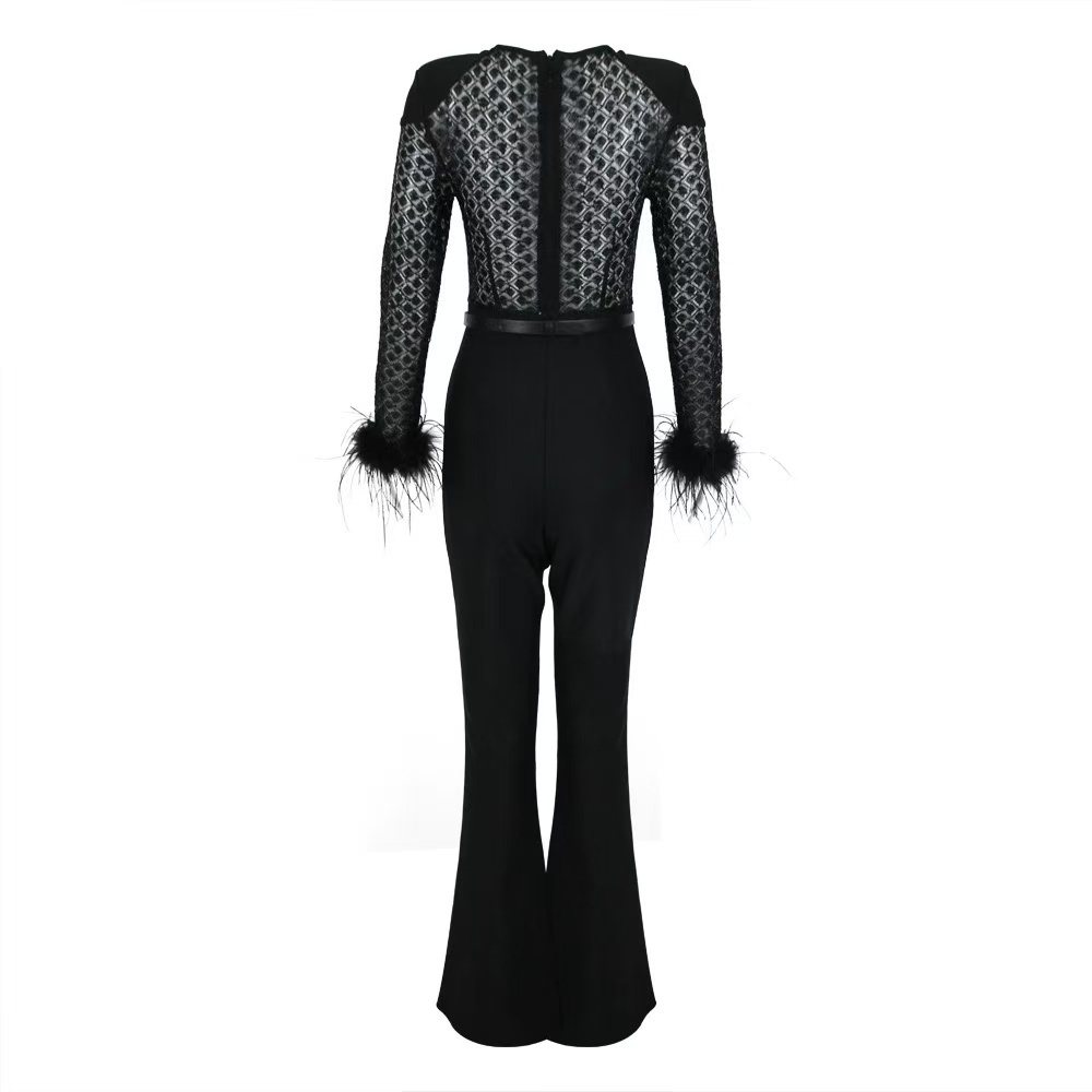 Black Lace Sequin Jumpsuit with Feather Cuffs & Wide-Leg Pants