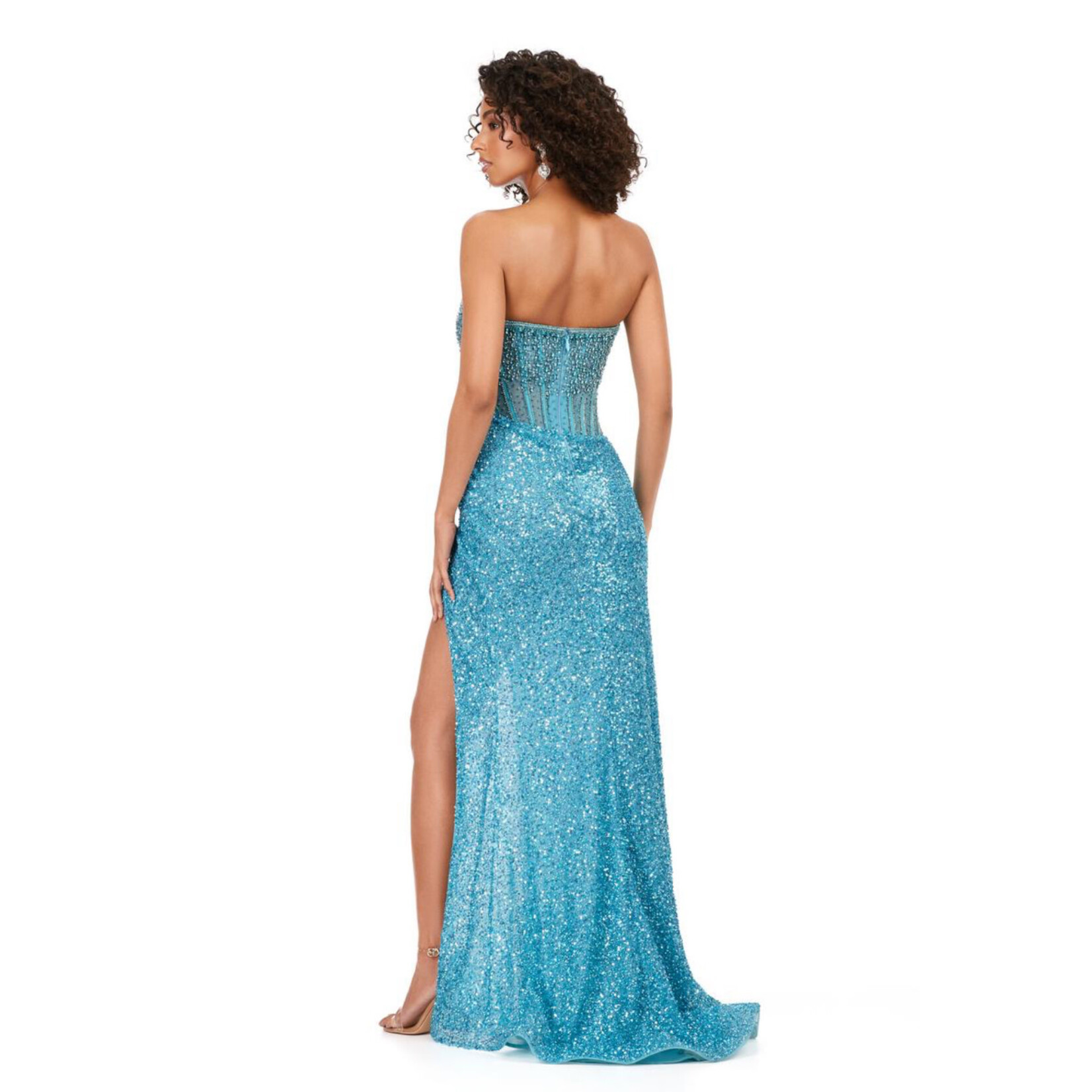 Strapless, crystal-embellished, bodycon evening gown