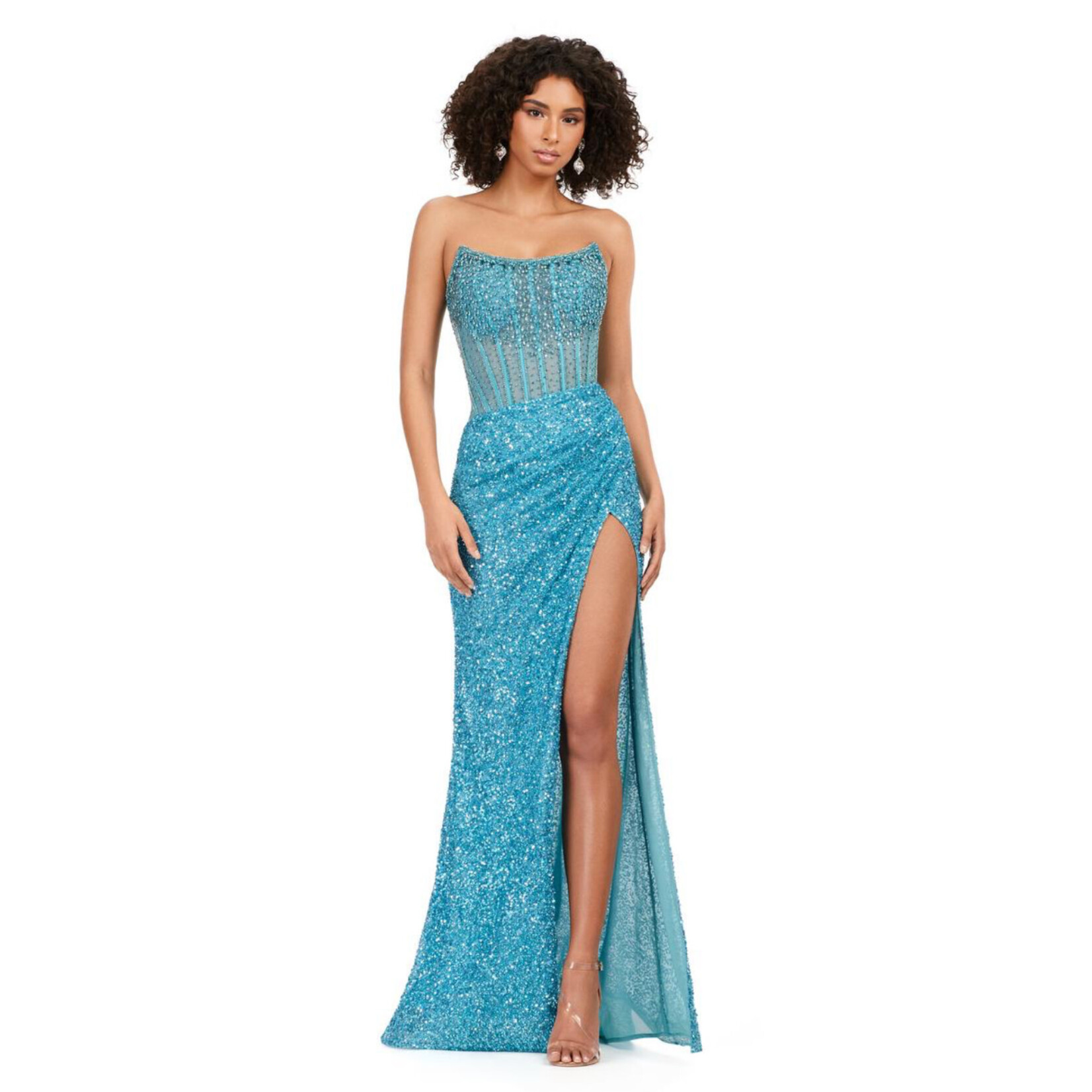Strapless, crystal-embellished, bodycon evening gown