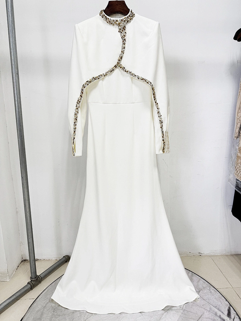 Navy Blue Satin Evening Gown with Crystal Embellishments & Sweetheart Neckline