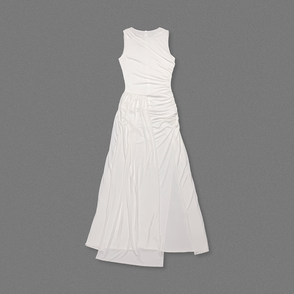 White One-Shoulder Ruched Draped Maxi Gown