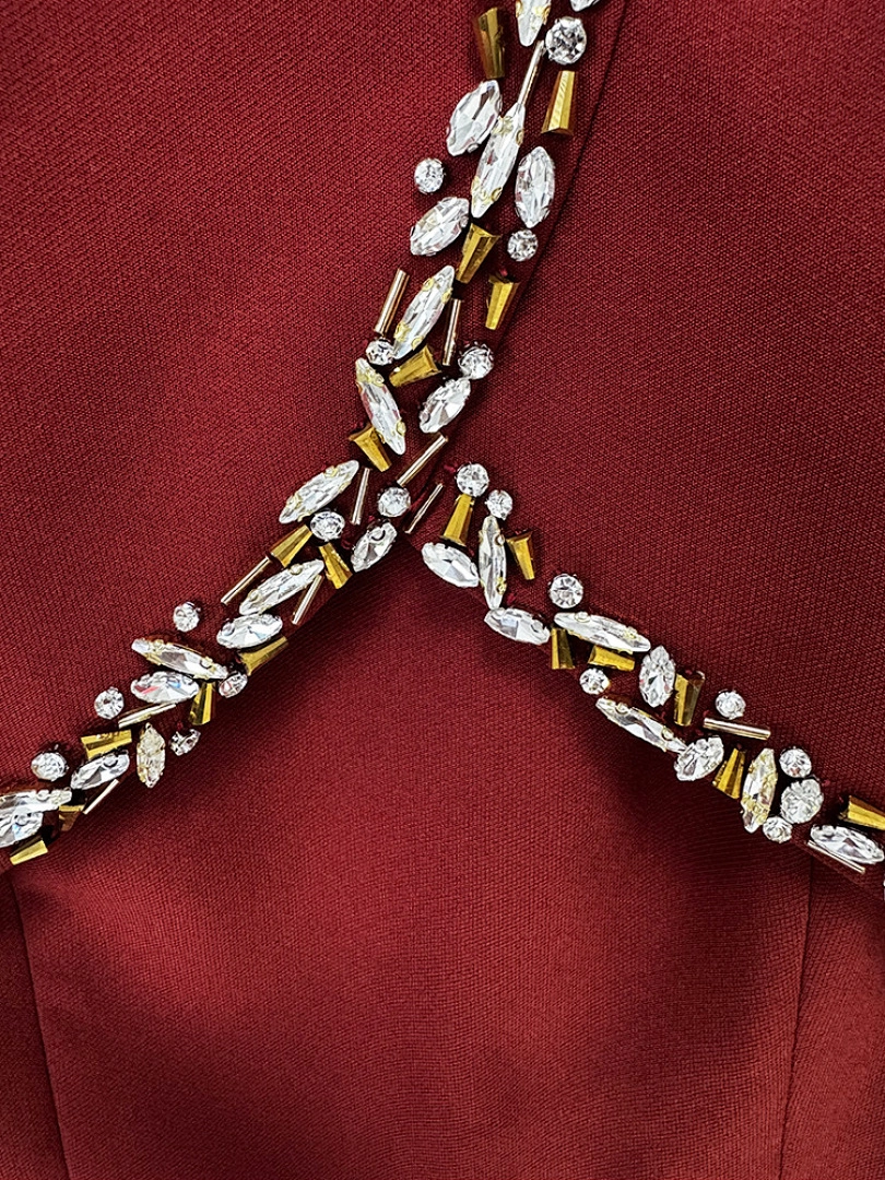 Navy Blue Satin Evening Gown with Crystal Embellishments & Sweetheart Neckline