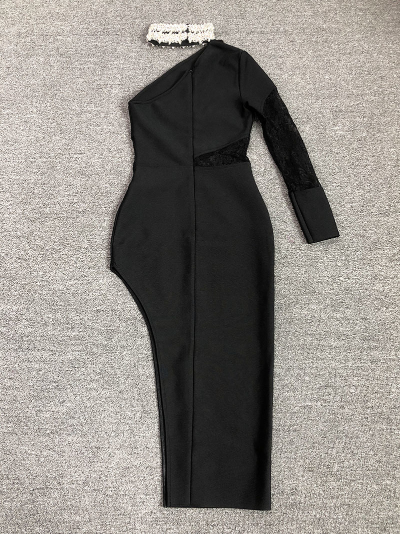 Black One-Shoulder Lace Midi Dress