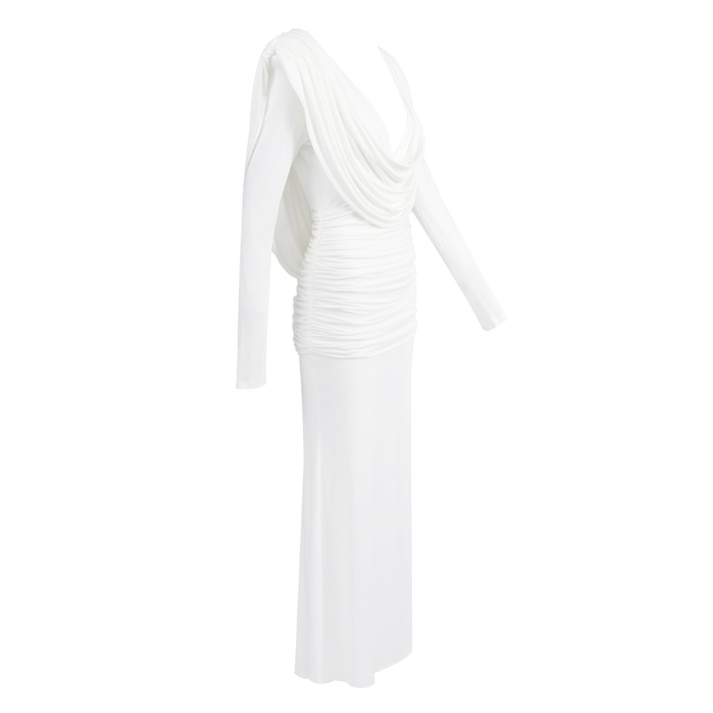 White Draped Cowl-Neck Mermaid Gown