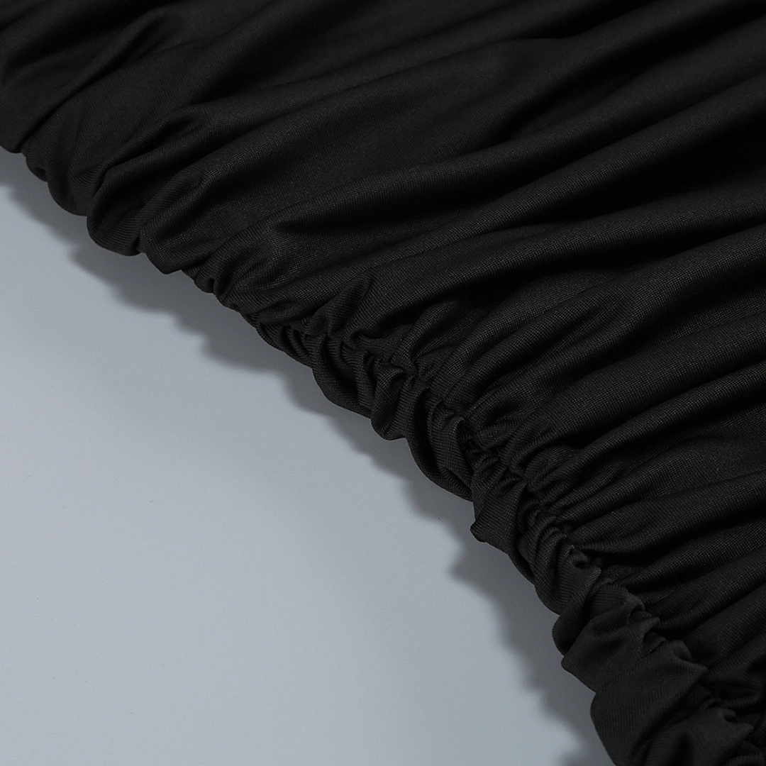 Black Satin A-Line Evening Gown with Sequin V-Neck & Chapel Train