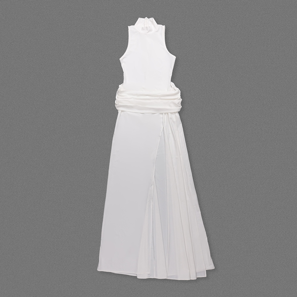 White Halter Neck Draped Waist Train Gown