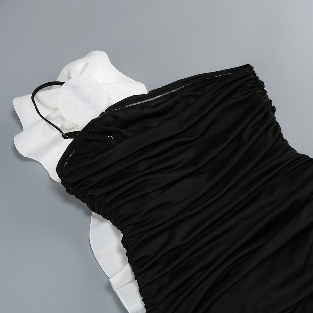 Black Satin A-Line Evening Gown with Sequin V-Neck & Chapel Train