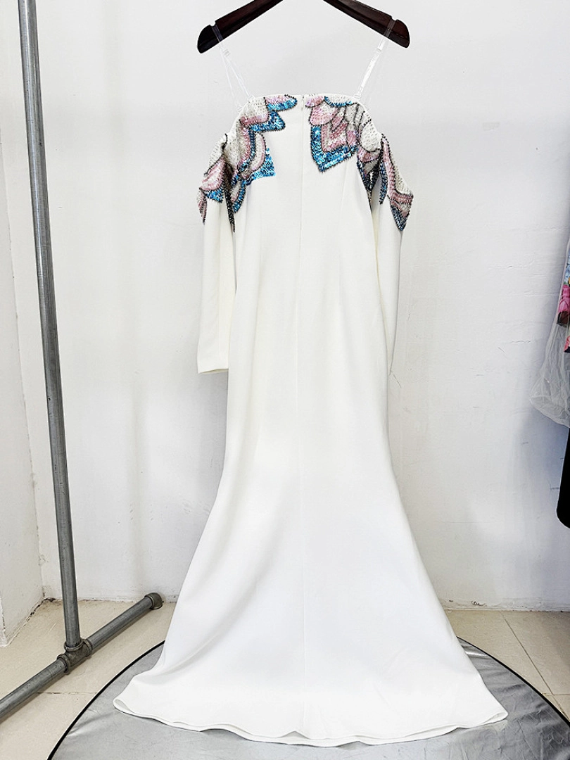 Navy Blue Satin Mermaid Evening Gown with Beaded Detailing