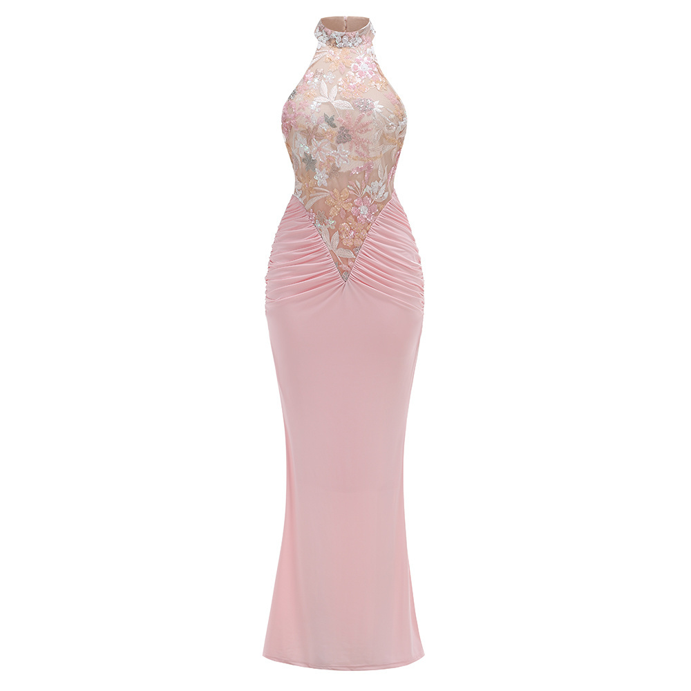 Teal/Pink/Red Halter Neck Floral Sequin Gown