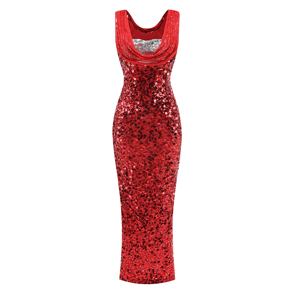 Crimson Sequin Cowl-Neck Gown