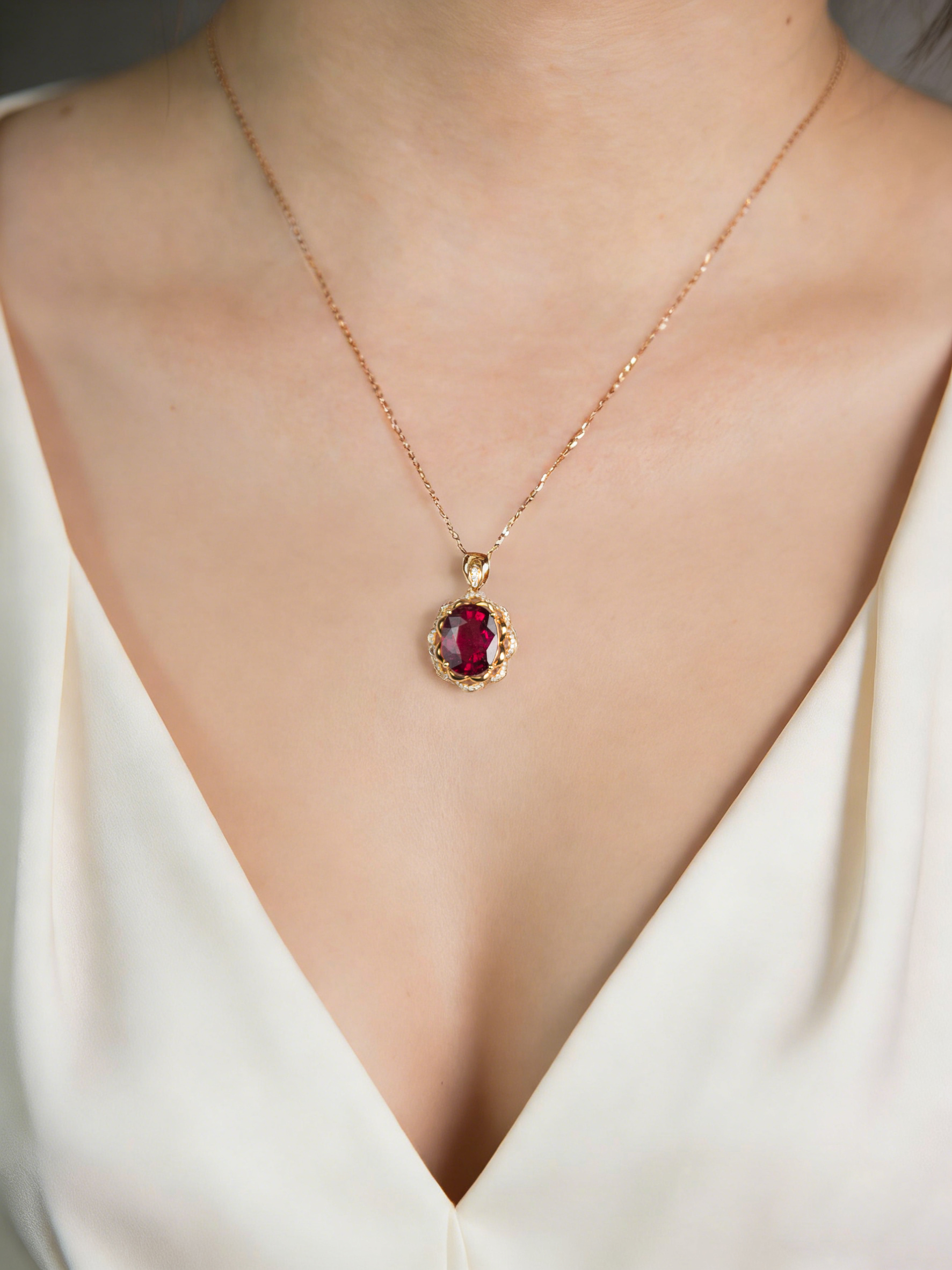 18K Rose Gold Red Tourmaline Diamond Pendant Necklace