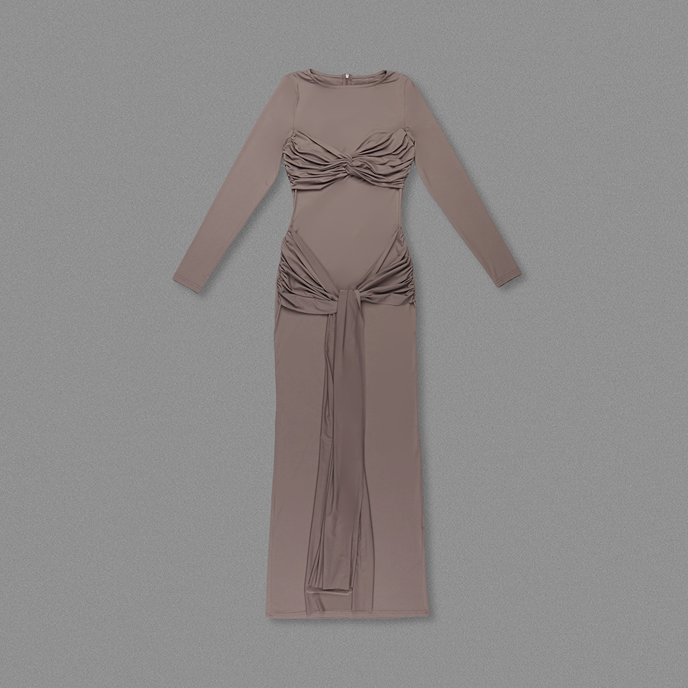 Long-Sleeve Ruched Bow Gown