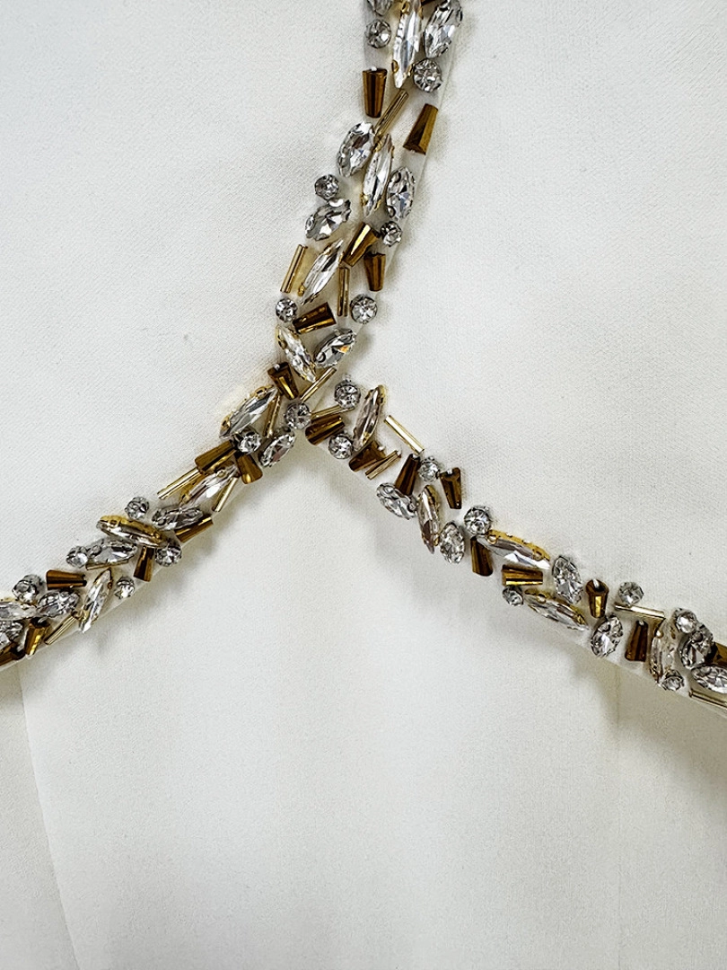 Navy Blue Satin Evening Gown with Crystal Embellishments & Sweetheart Neckline