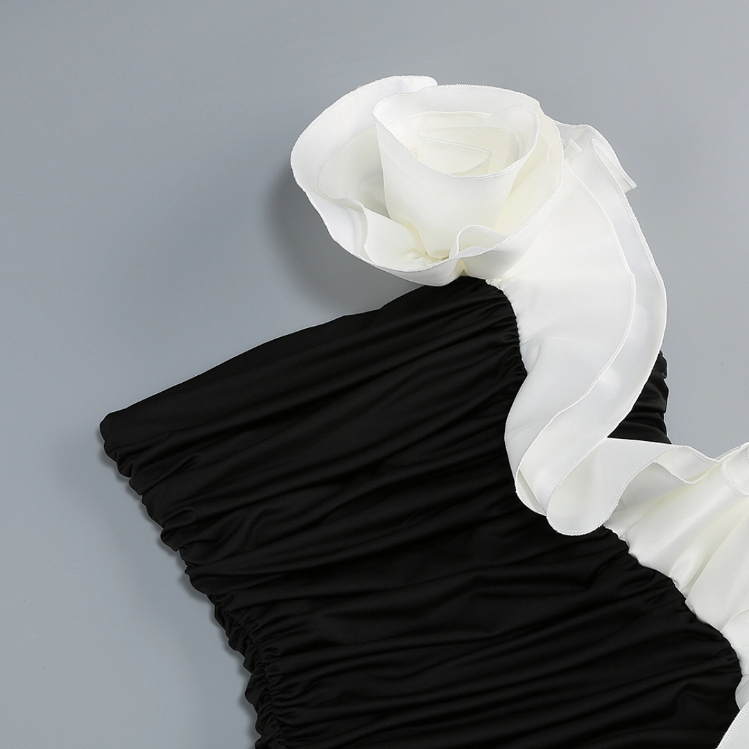 Black Satin A-Line Evening Gown with Sequin V-Neck & Chapel Train