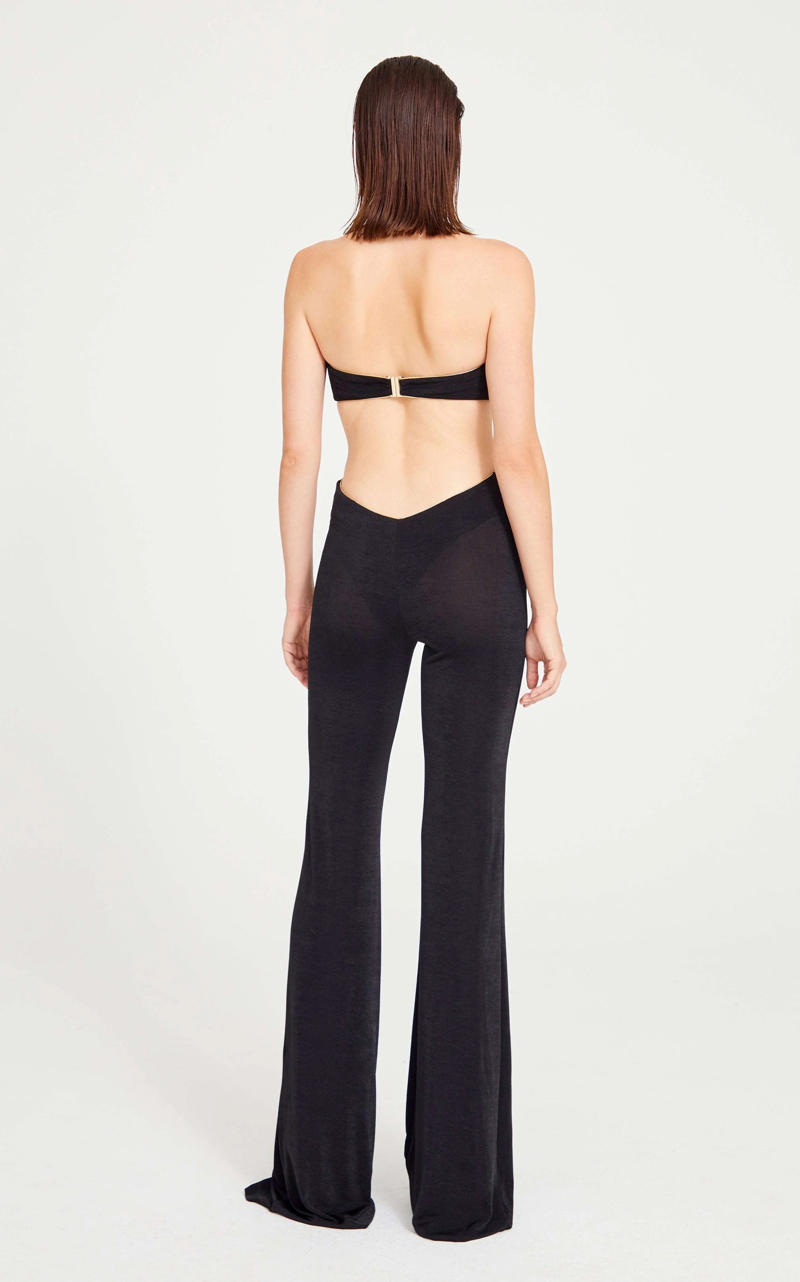 Black Halter Neck Cutout Wide-Leg Jumpsuit with Gold Rose Embellishment