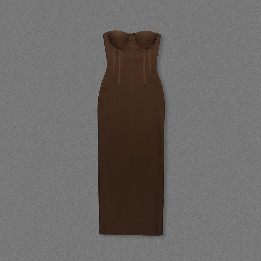 Espresso Brown Strapless Corset Maxi Gown