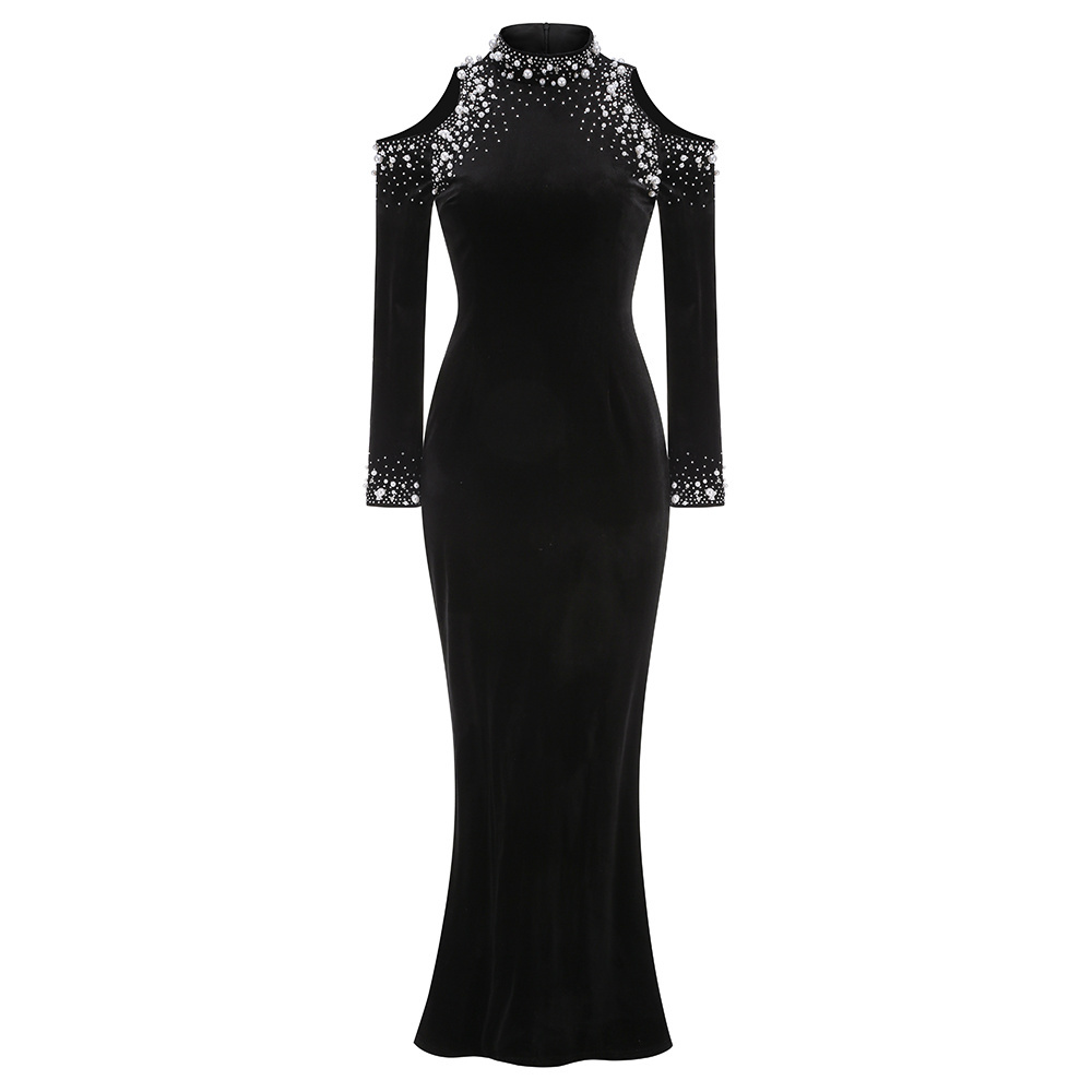 Black Velvet Cold-Shoulder Gown
