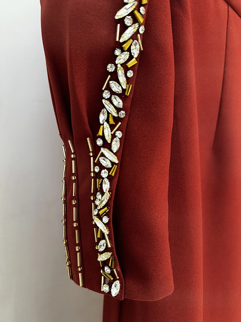 Navy Blue Satin Evening Gown with Crystal Embellishments & Sweetheart Neckline