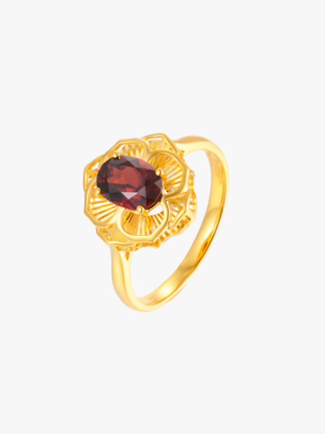18K Yellow Gold Garnet Zircon Ring "Attracting Wealth and Good Fortune"