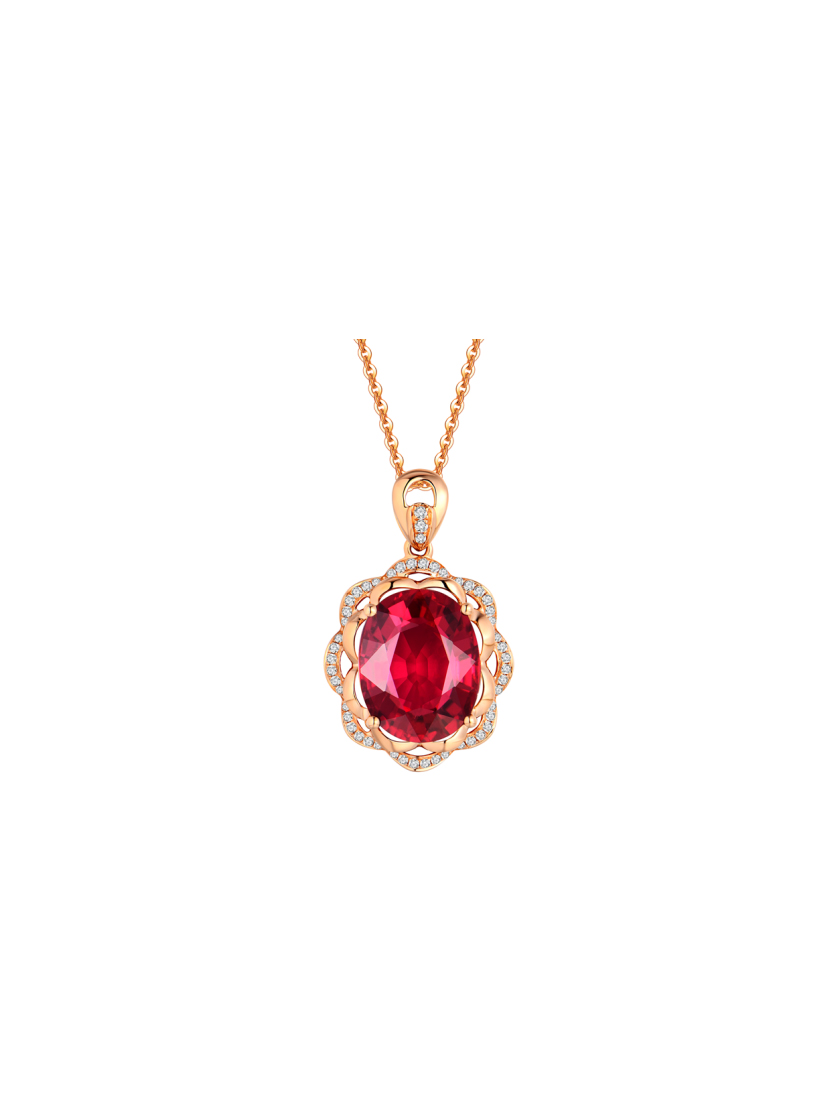 18K Rose Gold Red Tourmaline Diamond Pendant Necklace