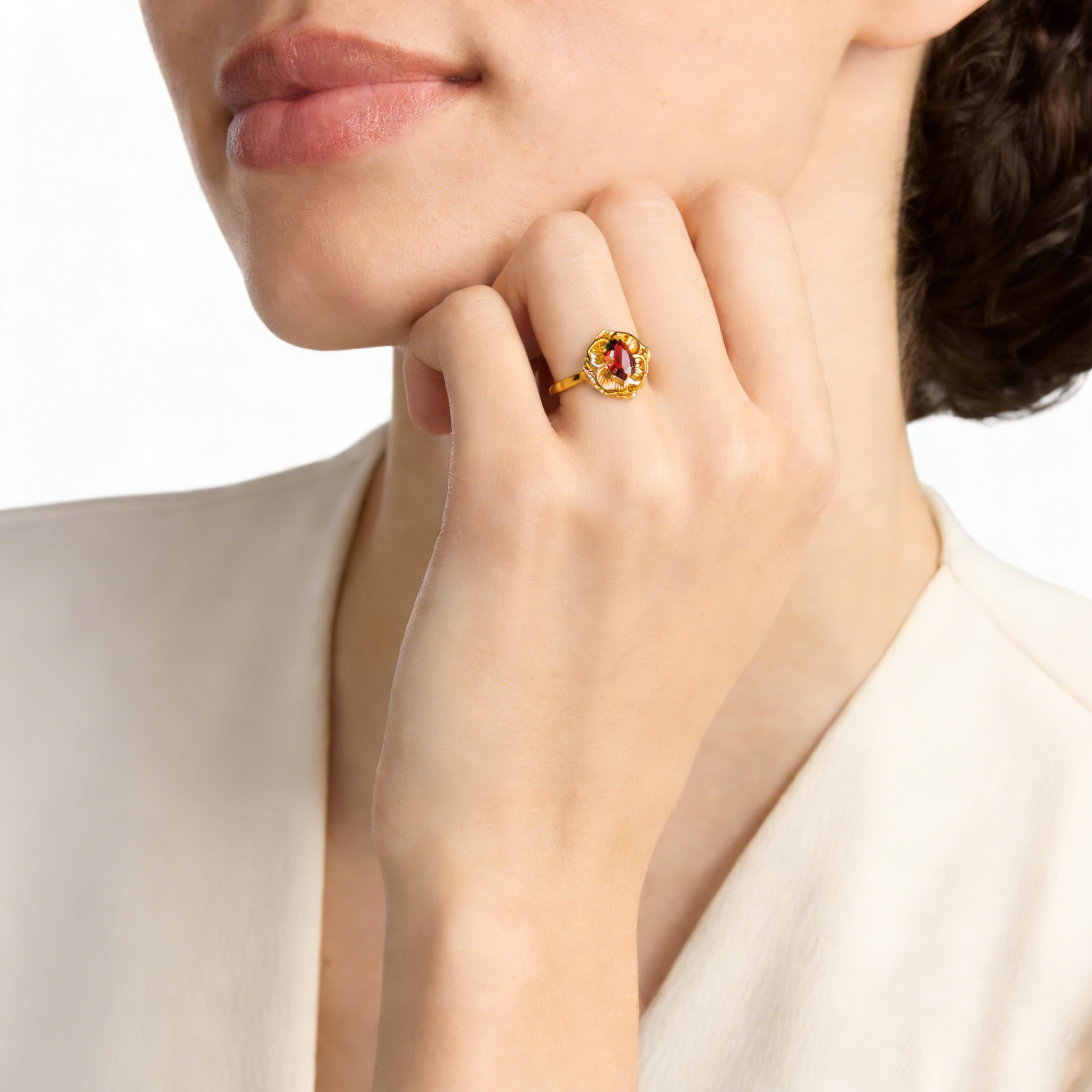 18K Yellow Gold Garnet Zircon Ring "Attracting Wealth and Good Fortune"