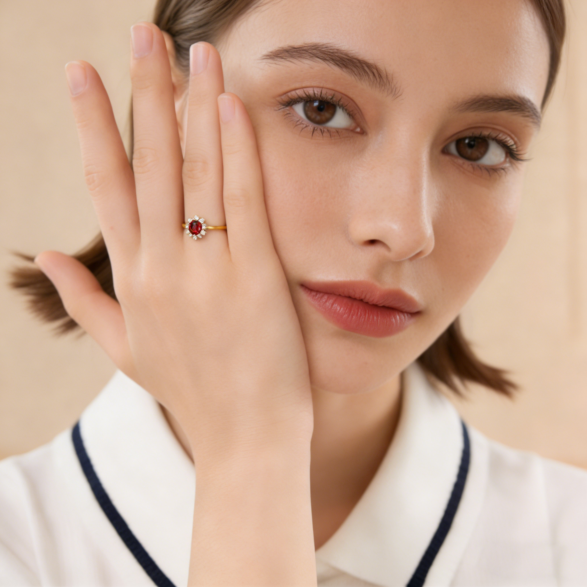  18K Yellow Gold Garnet Zircon Women's Ring