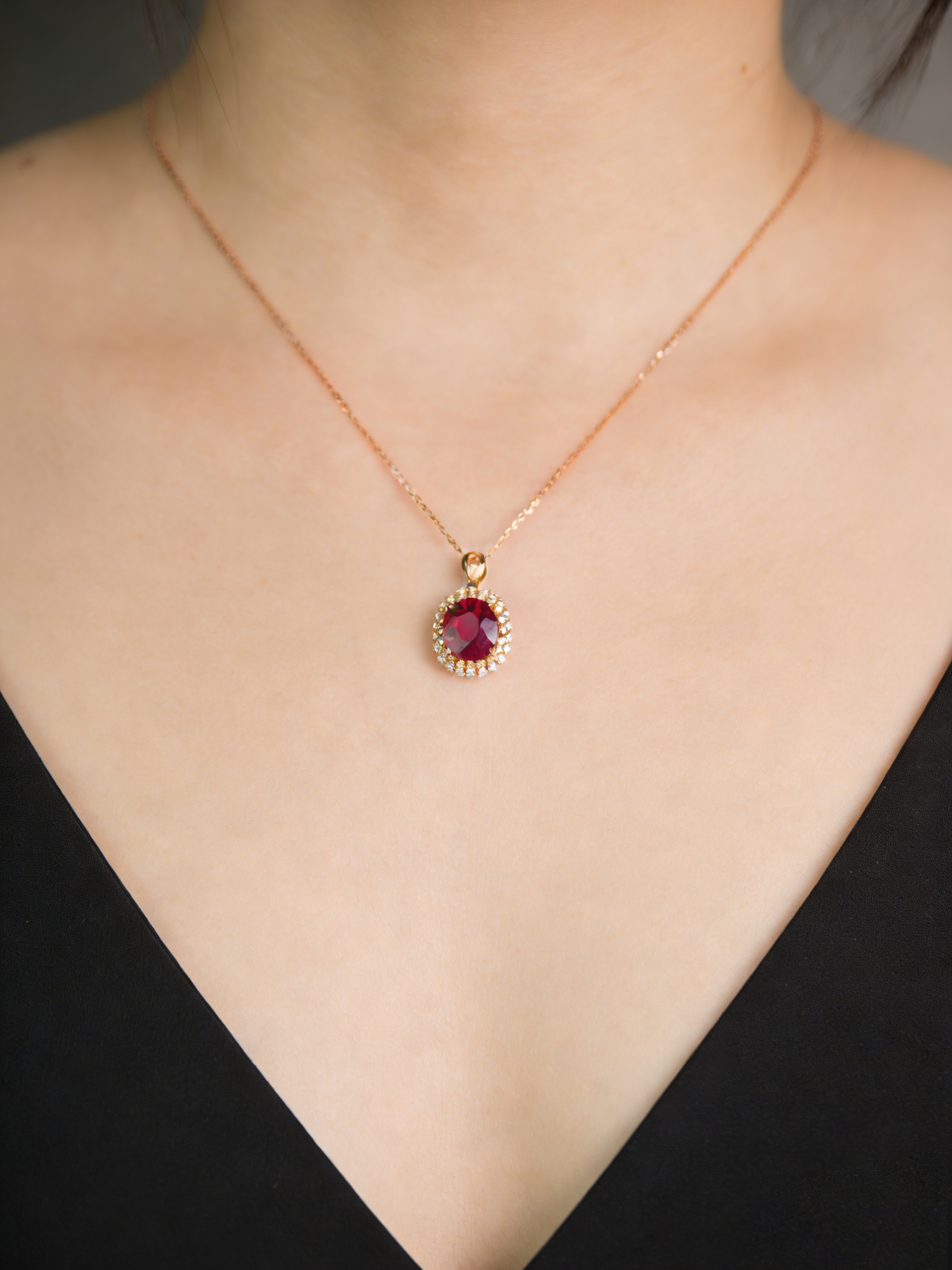 [Copy]18K Rose Gold Red Tourmaline Diamond Pendant Necklace