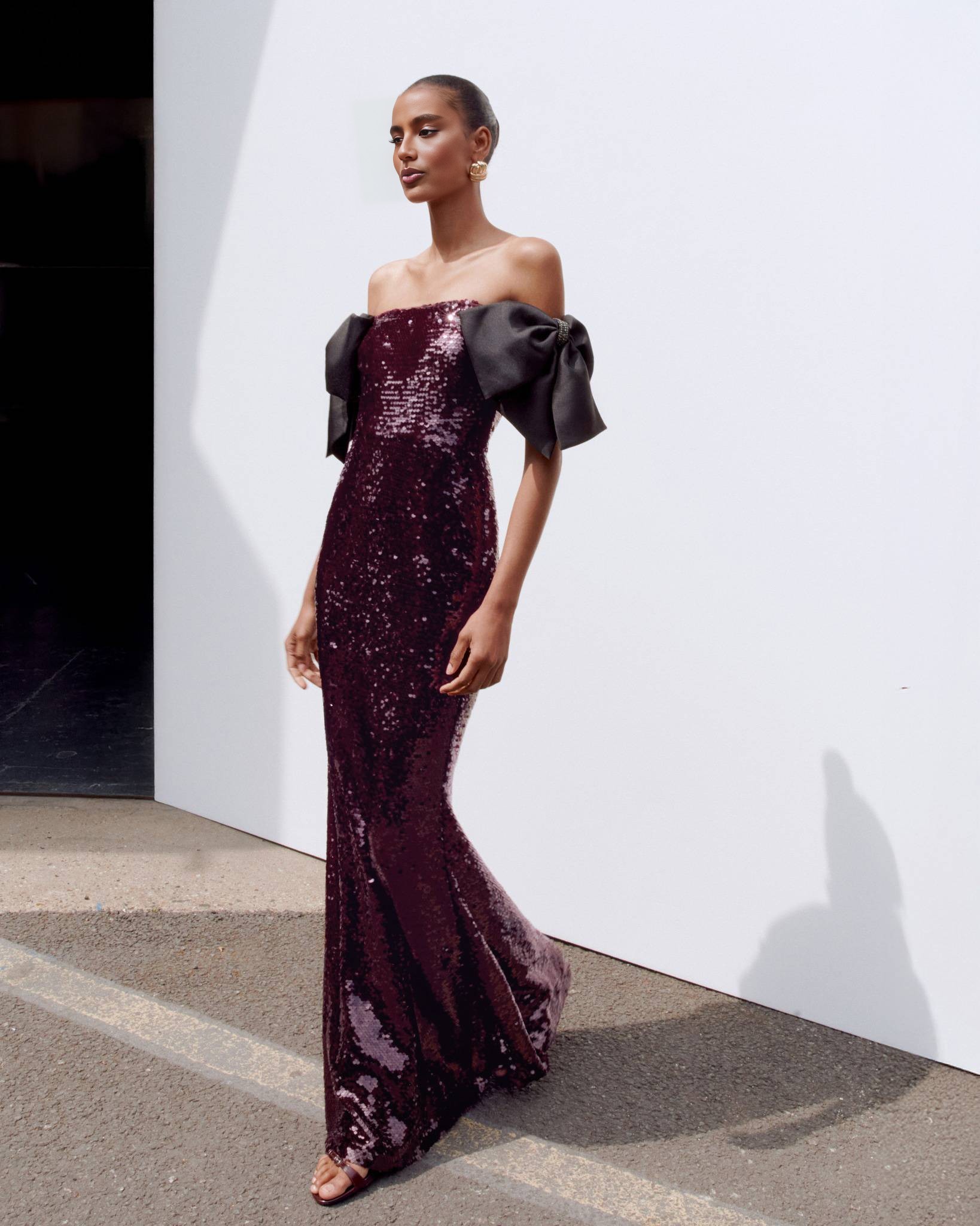 Luxury Burgundy Sequin Off-the-Shoulder Black Bow Mermaid Evening Gown