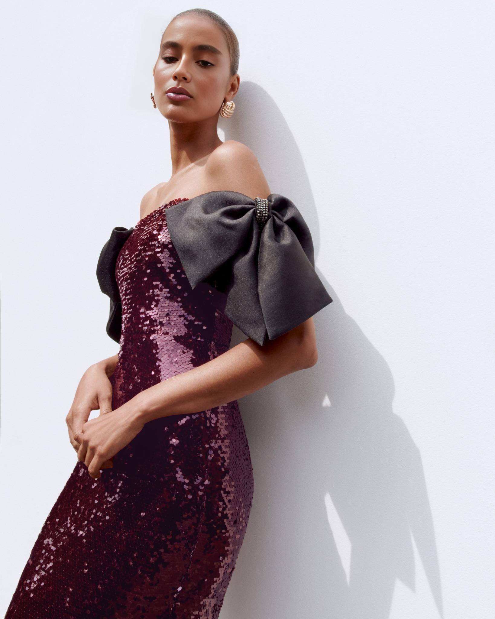 Luxury Burgundy Sequin Off-the-Shoulder Black Bow Mermaid Evening Gown