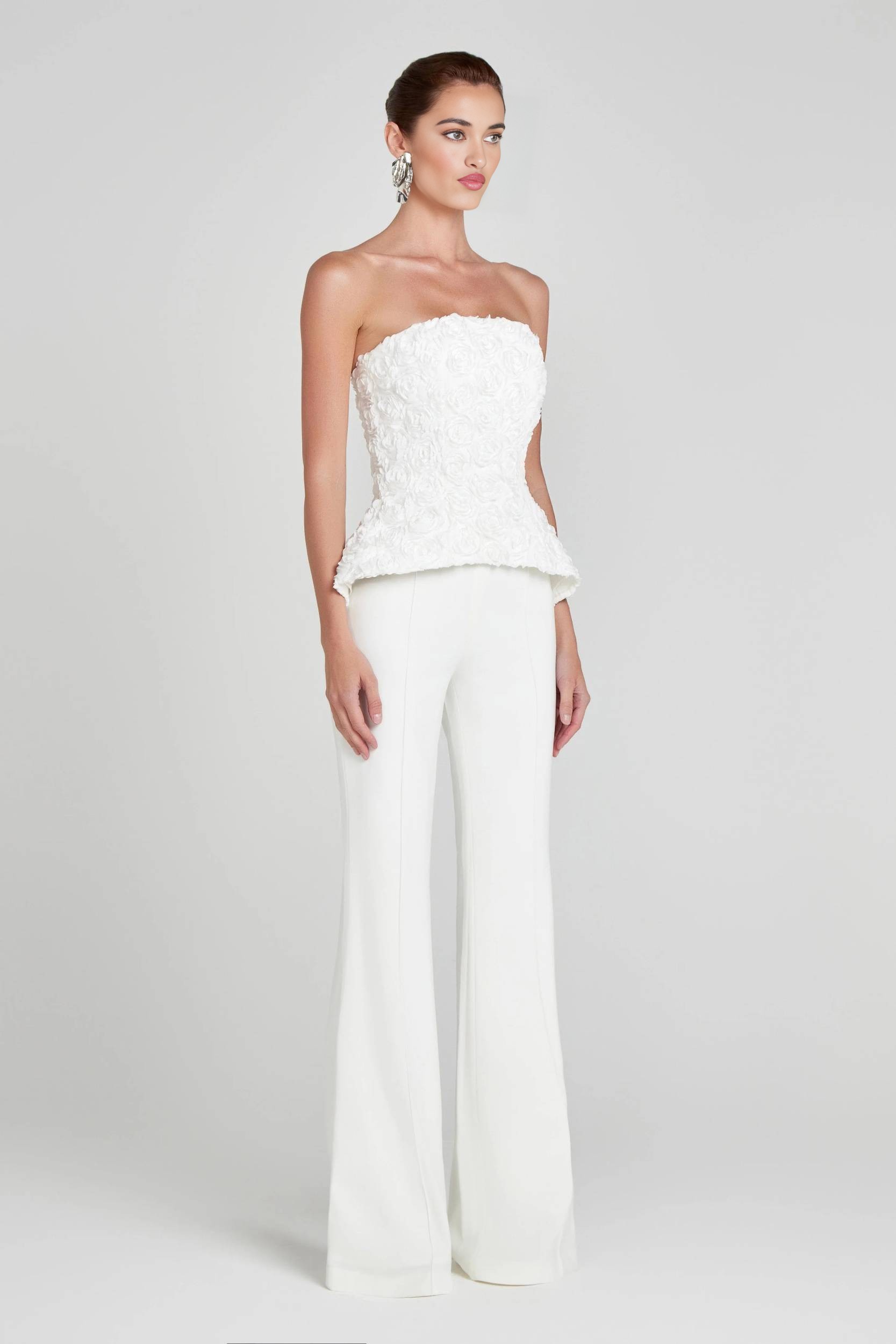 White Textured Rose Strapless Peplum Top & Wide-Leg Pants Set