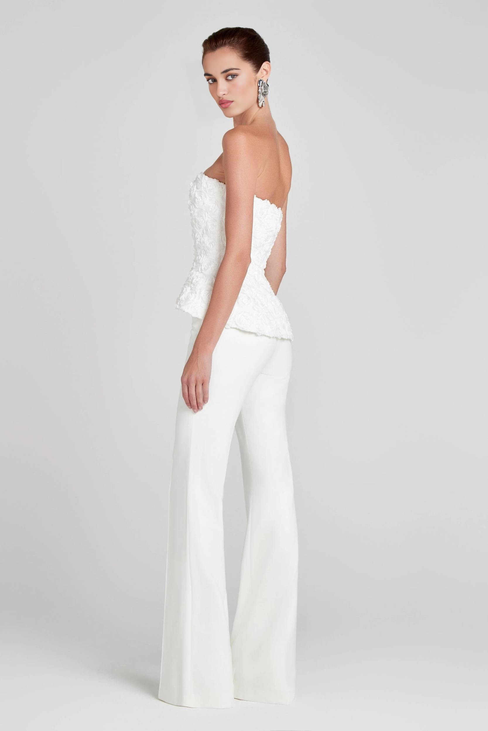 White Textured Rose Strapless Peplum Top & Wide-Leg Pants Set