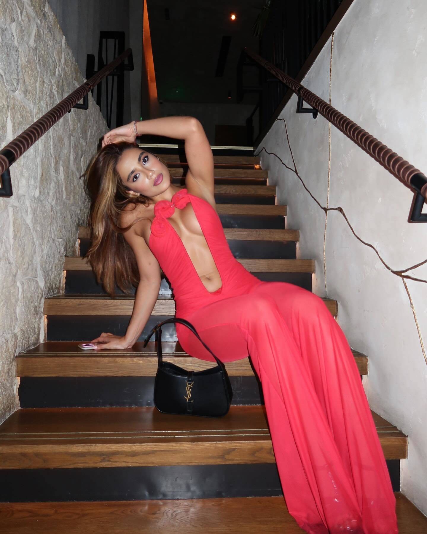 Ruched Cutout Halter Jumpsuit with 3D Rose Embellishment & Sheer Wide-Leg Pants