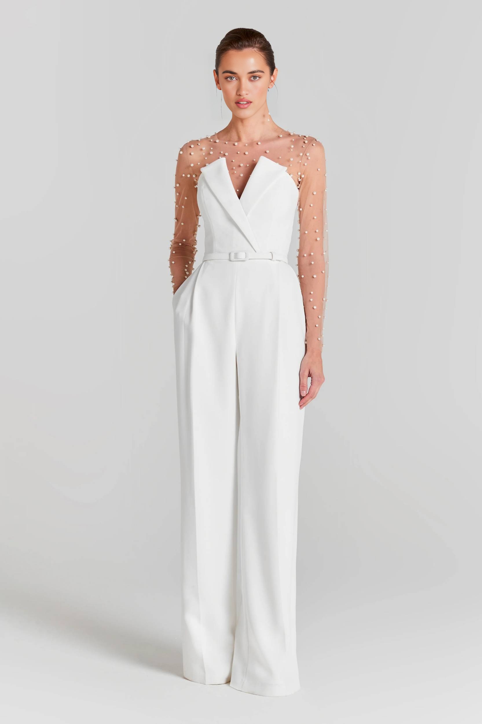 White Strapless Wide-Leg Jumpsuit with Pearl-Embellished Mesh Bodysuit Set