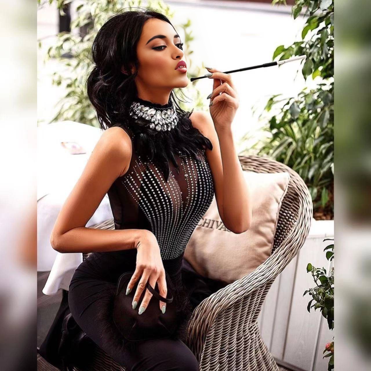 Black Crystal Choker & Feather-Trimmed Mesh Skinny Jumpsuit