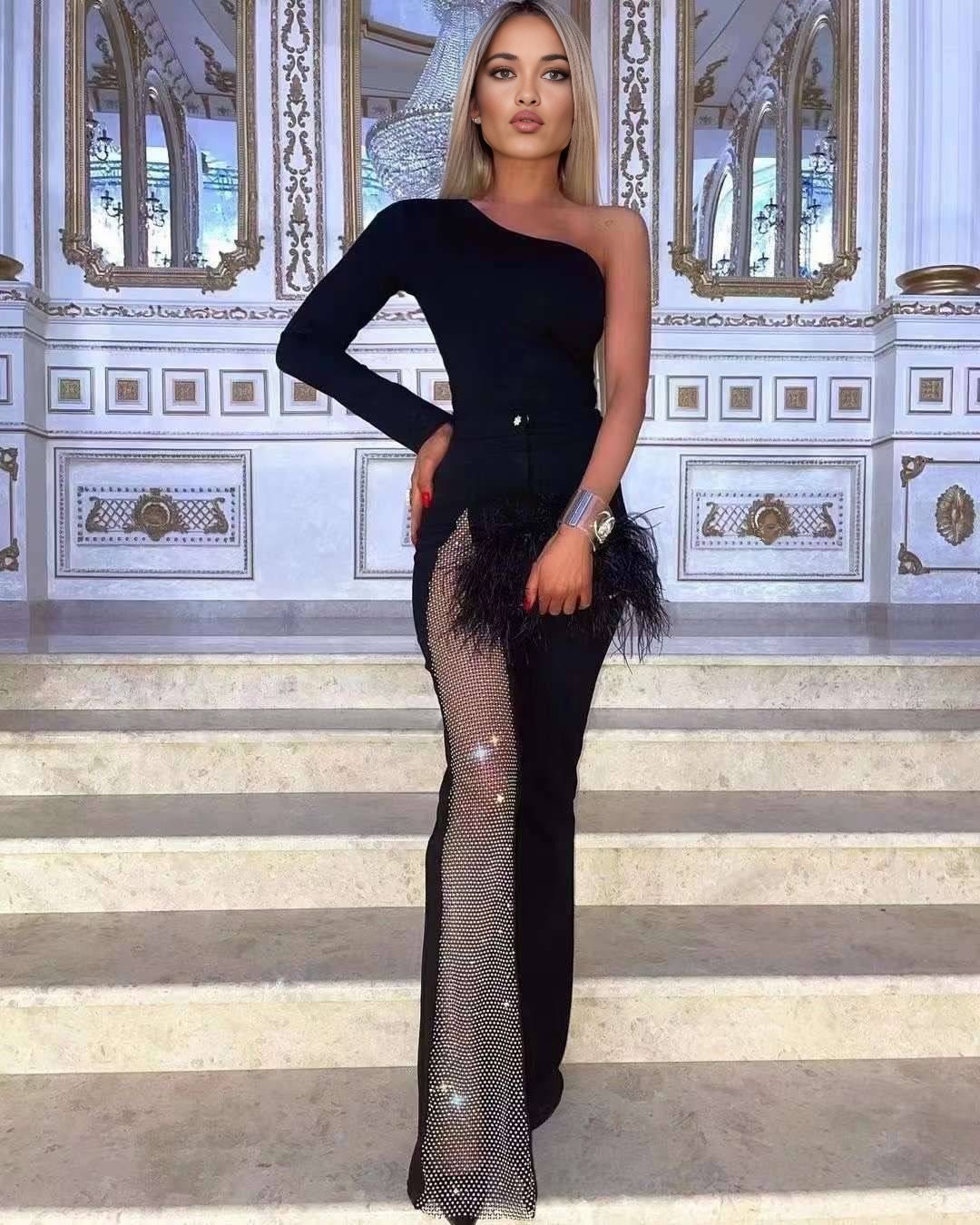 Luxury One-Shoulder Mesh Panel Flared Jumpsuit (Black/White/Red/Green)