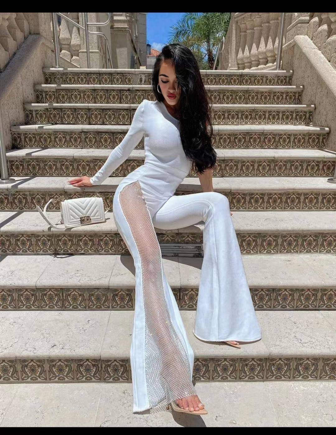 Luxury One-Shoulder Mesh Panel Flared Jumpsuit (Black/White/Red/Green)