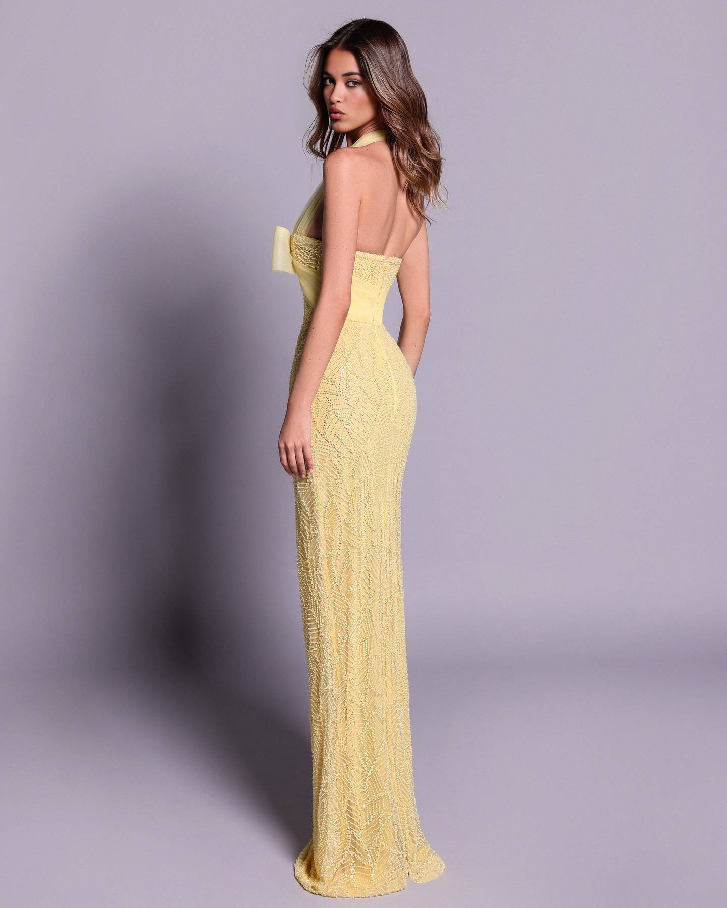 Yellow Halter Gown with Bow Detail & Beaded Sequin Embellishment