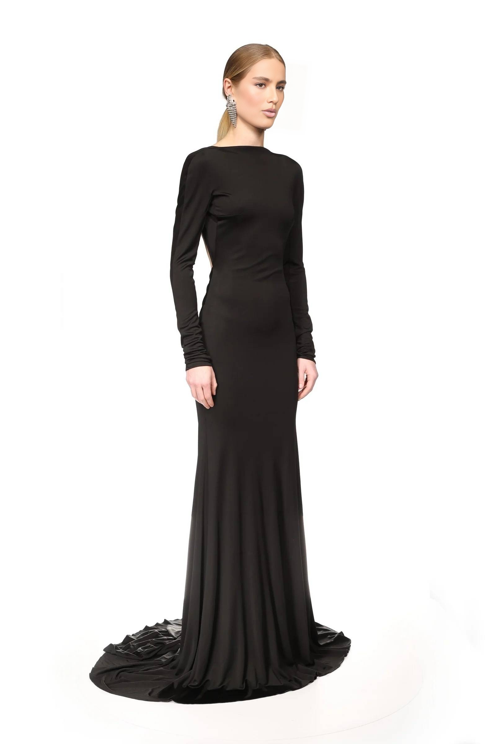Black Long-Sleeve Deep V Back Mermaid Gown