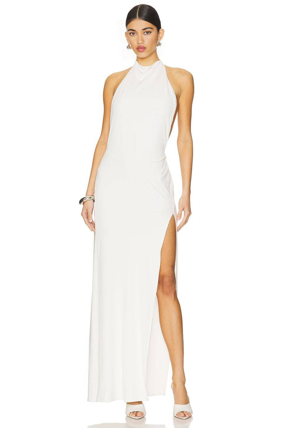 White Halter Backless Embellished Slit Maxi Gown