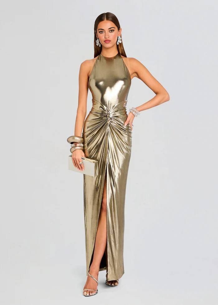 Metallic Champagne Gold Halter Backless Twist-Ruched Mermaid Gown