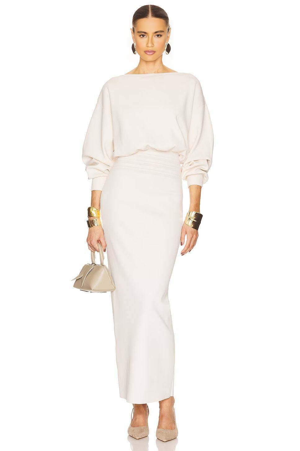 Ivory Dolman-Sleeve Blouson Waist Maxi Dress